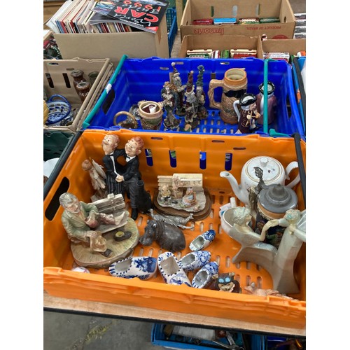 535 - 10 crates of assorted collectables including dolls, figurines, brass wares, steins, boxed Wedgwood C... 