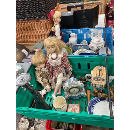 535 - 10 crates of assorted collectables including dolls, figurines, brass wares, steins, boxed Wedgwood C... 