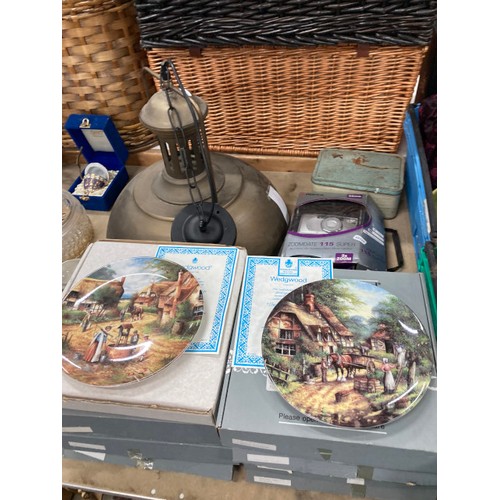 535 - 10 crates of assorted collectables including dolls, figurines, brass wares, steins, boxed Wedgwood C... 