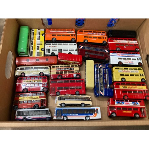 537 - 85 unboxed diecast models of buses and coaches including Dinky, LLedo, Corgi, EFE etc and 2 trays of... 