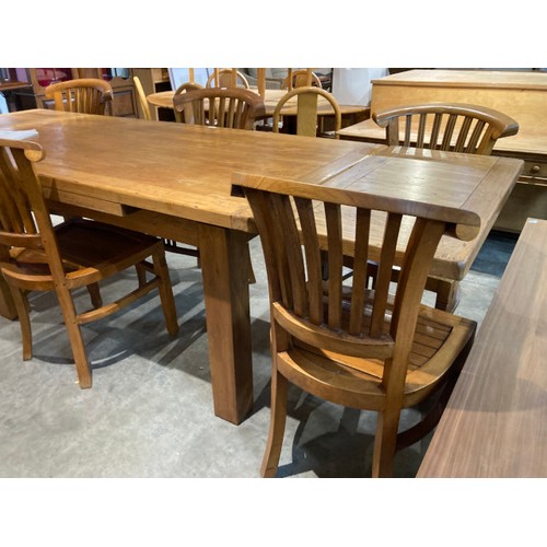 135 - Good quality oak extending dining table 79H 168-260W 91D and 6 Raft Langley teak chairs