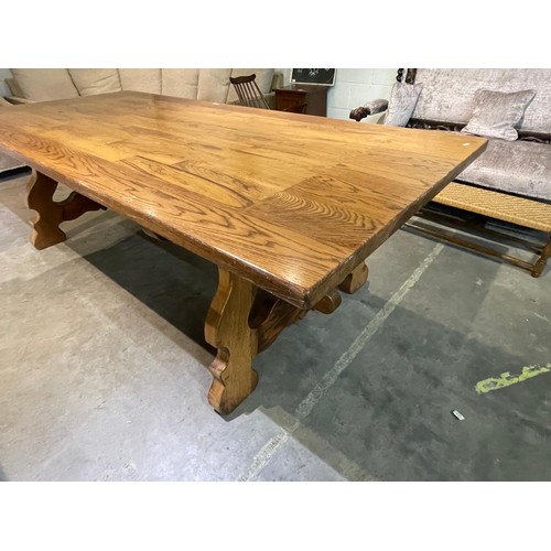 121 - Good quality oak farmhouse refectory table 79H 260W 116D (please note a burn mark the size of a 2p t... 