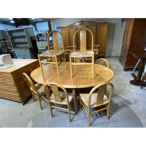 195 - 8 Annig Sarian for Montina, Italy beech, rush seated Bentwood chairs and a matching drop leaf table ... 