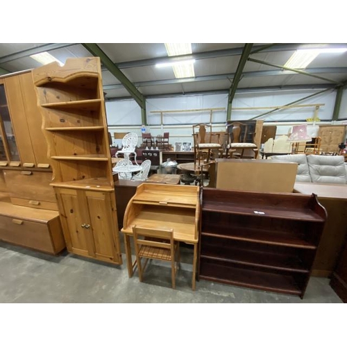 117 - Child's pine roll top desk 85H 66W 48D with a matching chair and a pine corner cupboard 197H 73W 35D