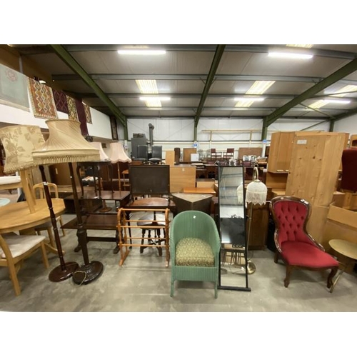 135 - 2 mahogany standard lamps 150H & 155h, pine towel rail, mahogany framed ladies chair 91H 58W, Lloyd ... 