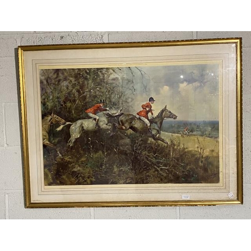 185 - Gilt framed coloured etching of hunting by Michael Lyne 84 x 112cm (some damage to frame)