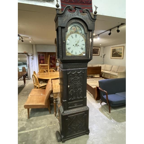 192 - 19th century carved oak longcase clock with moon phase movement, one weight and pendulum 230H 55W 25... 