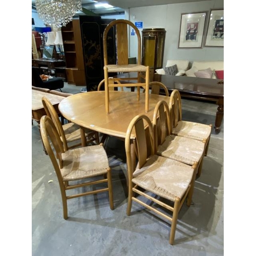 195 - 8 Annig Sarian for Montina, Italy beech, rush seated Bentwood chairs and a matching drop leaf table ... 