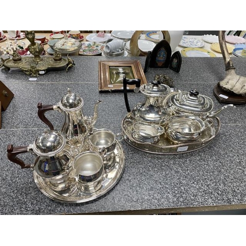 215 - Barker Ellis silver plated 4 piece tea set on serving tray & a EPNS Sheffield 4 piece tea set on gal... 