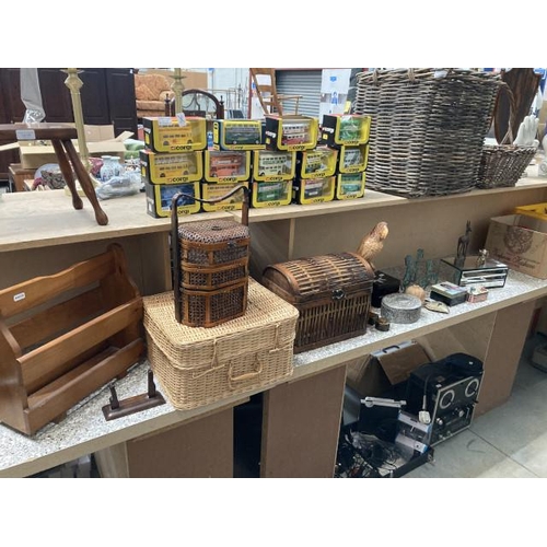 409 - Chinese wedding basket, dome topped wicker trunk, jewellery boxes, pine magazine rack & collectables