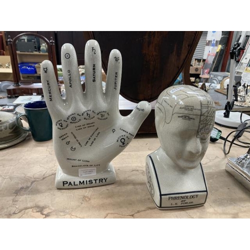 443 - Ceramic 'Palmistry' palm 30H 21W & ceramic 'Phrenology' head 11W 24H