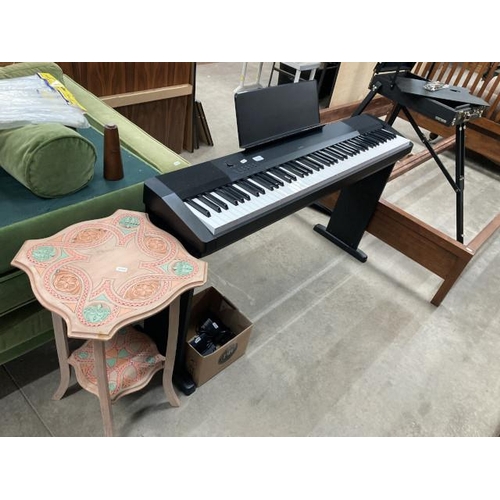 499 - Casio CDP-120 electric piano keyboard with power lead and foot pedal and a hand painted lamp table