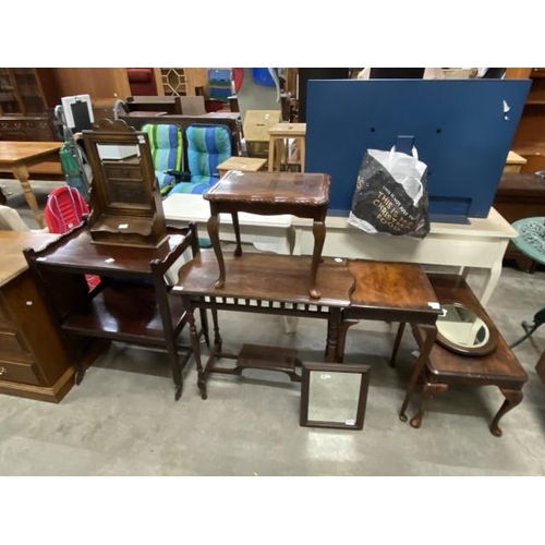 56 - Victorian oak tea trolley 84H 63W 42D, oak dressing table mirror 54H 34W 15D, Victorian mahogany occ... 