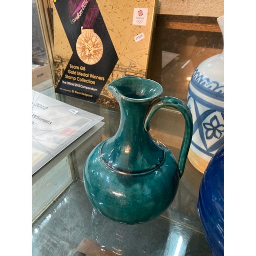 421 - 8 blue/turquoise vase/jugs inc. Ruskin, Dunmore, Royal Lancastrian, Royal Doulton etc. (Some with ch... 