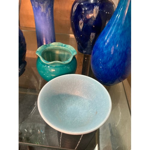 421 - 8 blue/turquoise vase/jugs inc. Ruskin, Dunmore, Royal Lancastrian, Royal Doulton etc. (Some with ch... 