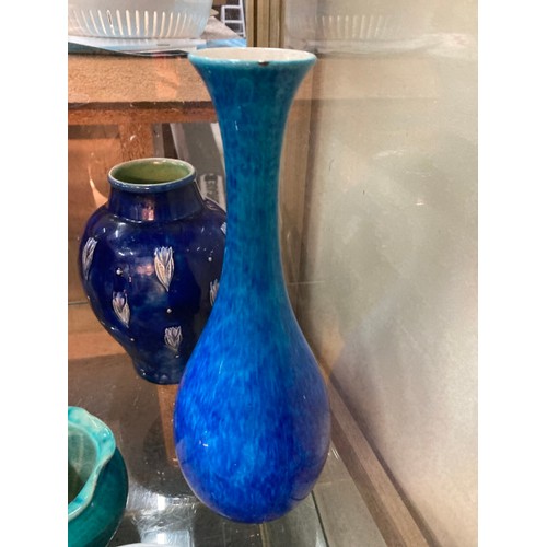 421 - 8 blue/turquoise vase/jugs inc. Ruskin, Dunmore, Royal Lancastrian, Royal Doulton etc. (Some with ch... 