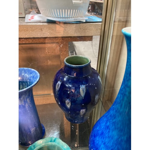 421 - 8 blue/turquoise vase/jugs inc. Ruskin, Dunmore, Royal Lancastrian, Royal Doulton etc. (Some with ch... 