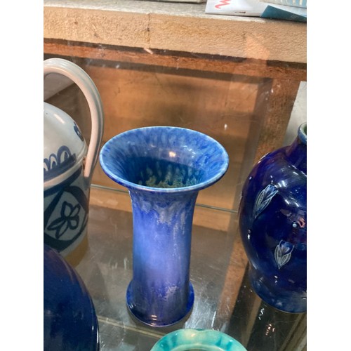 421 - 8 blue/turquoise vase/jugs inc. Ruskin, Dunmore, Royal Lancastrian, Royal Doulton etc. (Some with ch... 