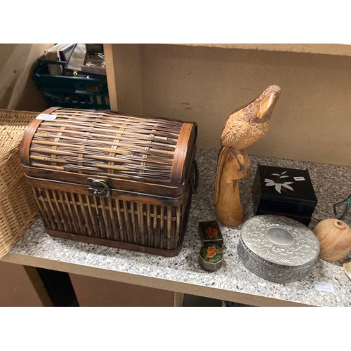 409 - Chinese wedding basket, dome topped wicker trunk, jewellery boxes, pine magazine rack & collectables