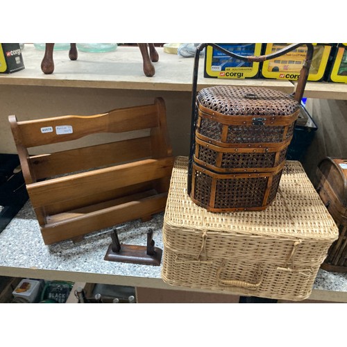 409 - Chinese wedding basket, dome topped wicker trunk, jewellery boxes, pine magazine rack & collectables