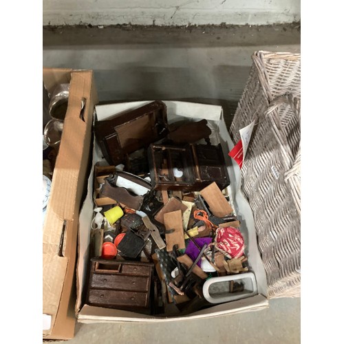 448 - 4 boxes of collectables & a wicker basket inc. opera glasses, table lighter, glass bottles, silver r... 