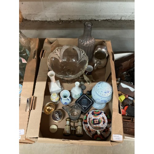 448 - 4 boxes of collectables & a wicker basket inc. opera glasses, table lighter, glass bottles, silver r... 