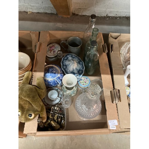 448 - 4 boxes of collectables & a wicker basket inc. opera glasses, table lighter, glass bottles, silver r... 