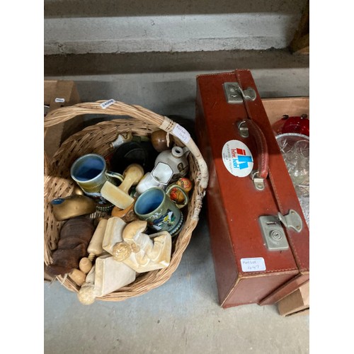 447 - 5 boxes & a wicker gathering basket of ceramics, glass & collectables & a vintage traveling case