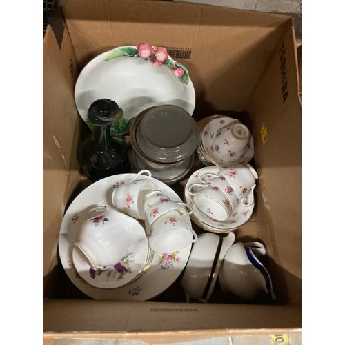 447 - 5 boxes & a wicker gathering basket of ceramics, glass & collectables & a vintage traveling case