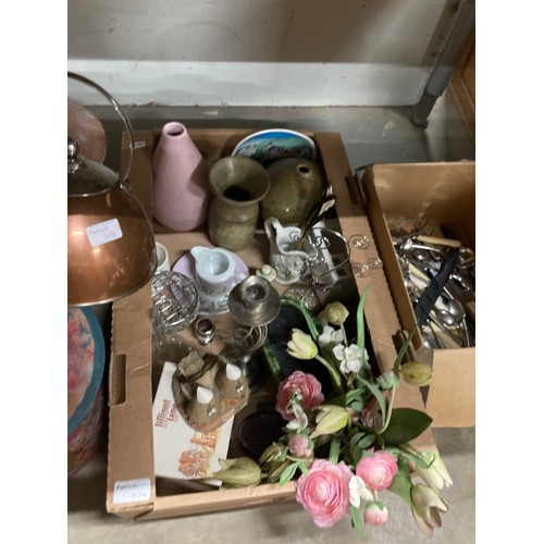 474 - 12 boxes of assorted collectables including decorative plates, vases, cut glass bowls, coffee cans a... 