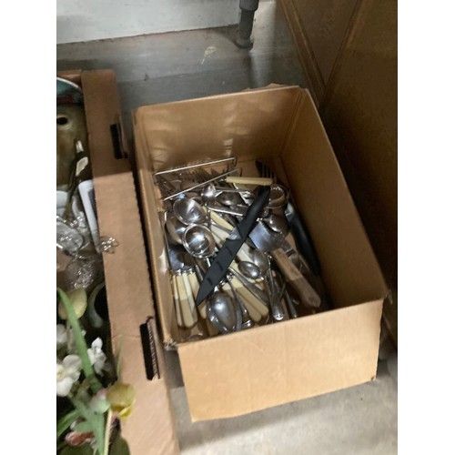 474 - 12 boxes of assorted collectables including decorative plates, vases, cut glass bowls, coffee cans a... 