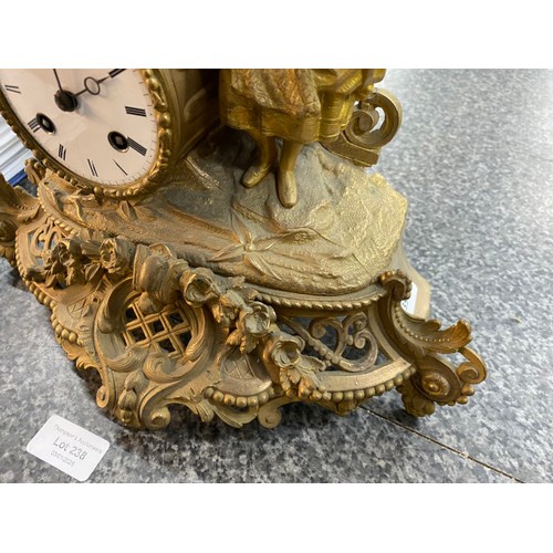 238 - 19th century ornate gilt figurine mantel clock with key (key in cabinet, untested)