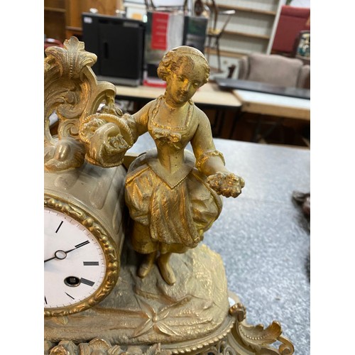 238 - 19th century ornate gilt figurine mantel clock with key (key in cabinet, untested)