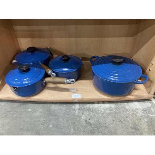 284 - 3 blue Le Creuset pans with lids & matching casserole dish with lid (Two 16cm, 18cm & 20cm)