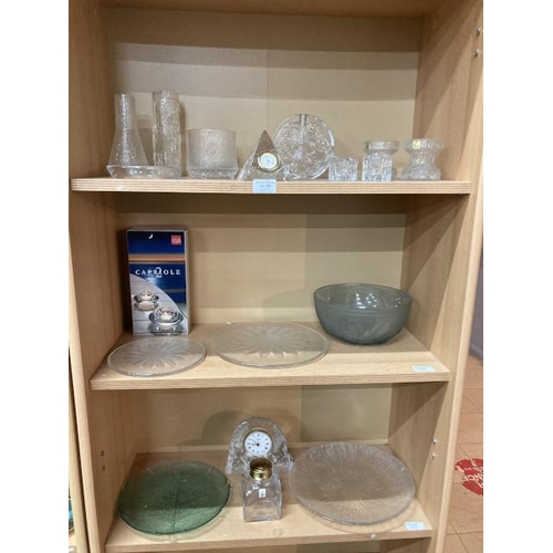 288 - 3 shelves of mixed glassware inc. Dartington Crystal clock, pair of Oberglas candle holders, boxed H... 