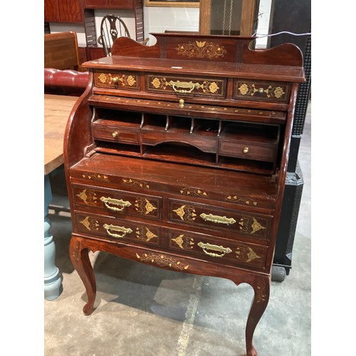 120 - Reproduction mahogany with brass inlay cylindrical bureau 122H 81W 52D