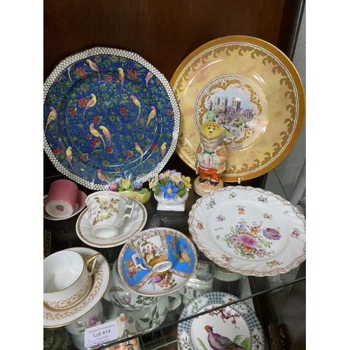 414 - 2 shelves of ceramics inc. Dresden, Royal Worcester, Meissen, Doulton Lambeth, Royal Crown Derby, Po... 