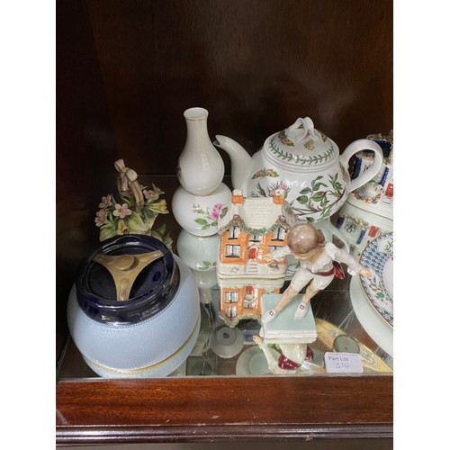 414 - 2 shelves of ceramics inc. Dresden, Royal Worcester, Meissen, Doulton Lambeth, Royal Crown Derby, Po... 