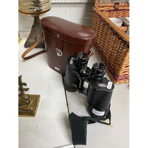 411 - 2 cased pairs of binoculars Carl Zeiss Jena 7x50 & 12x50 wide angle, oak double ink stand/pen rest, ... 