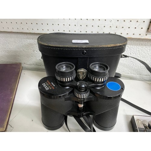 411 - 2 cased pairs of binoculars Carl Zeiss Jena 7x50 & 12x50 wide angle, oak double ink stand/pen rest, ... 