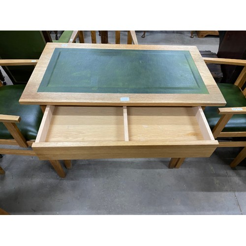 65 - Good quality oak dining table with one drawer and green leather inset 75H 90W 50D and 4 matching cha... 