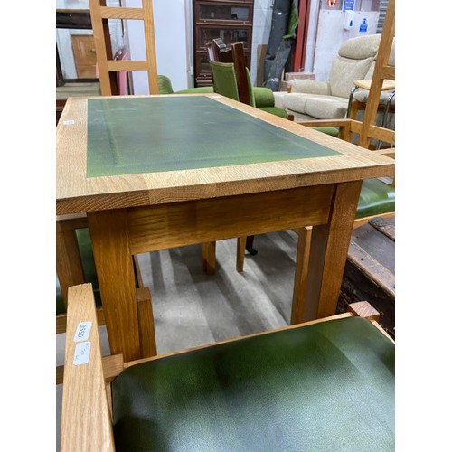 65 - Good quality oak dining table with one drawer and green leather inset 75H 90W 50D and 4 matching cha... 