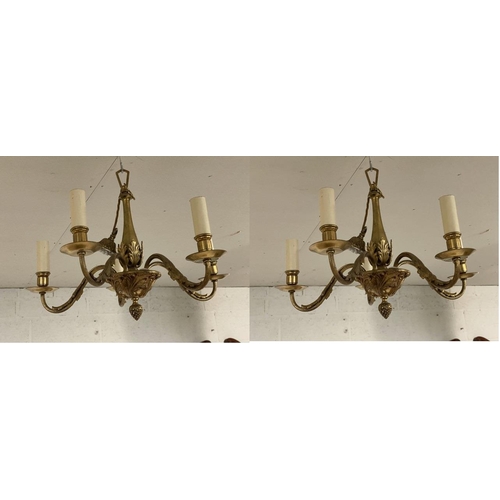 135 - A pair of antique style gilt brass 5 branch chandeliers, purchased from W. Sitch & Co Ltd, Soho, Lon... 