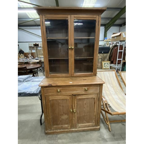 166 - Victorian pine bookcase on cupboard with one drawer 199H 100W 62D (splits into 2 sections)