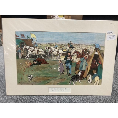 186 - Unframed/mounted Cecil Aldin print 'The Bluemarket Races, The Arrival on the Course' 33x48cm