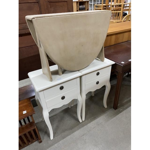 65 - Hand painted teak drop leaf occasional table 47H 69W 15-103D and a pair of white 2 drawer bedside ch... 