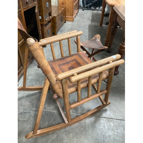 16 - Costa Rican Campaign style folding beech and leather rocking chair 84H 65W 83D and a matching stool ... 