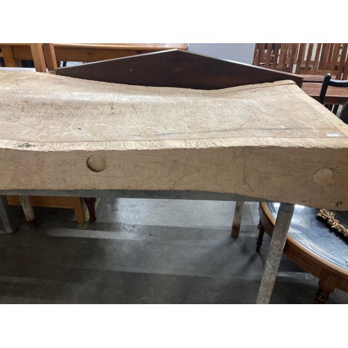 20 - Mid 20th century English maple butchers block sitting on a later galvanized steel base 83H 123W 61D