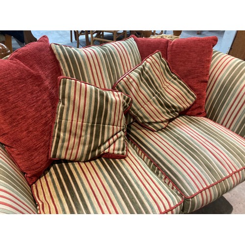 146 - 2 Knoll style settees upholstered in striped velour with scatter cushions 154W & 235W