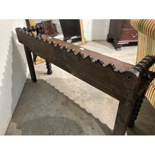 140 - Victorian gothic oak hall bench with finely carved details 65H 125W 32D